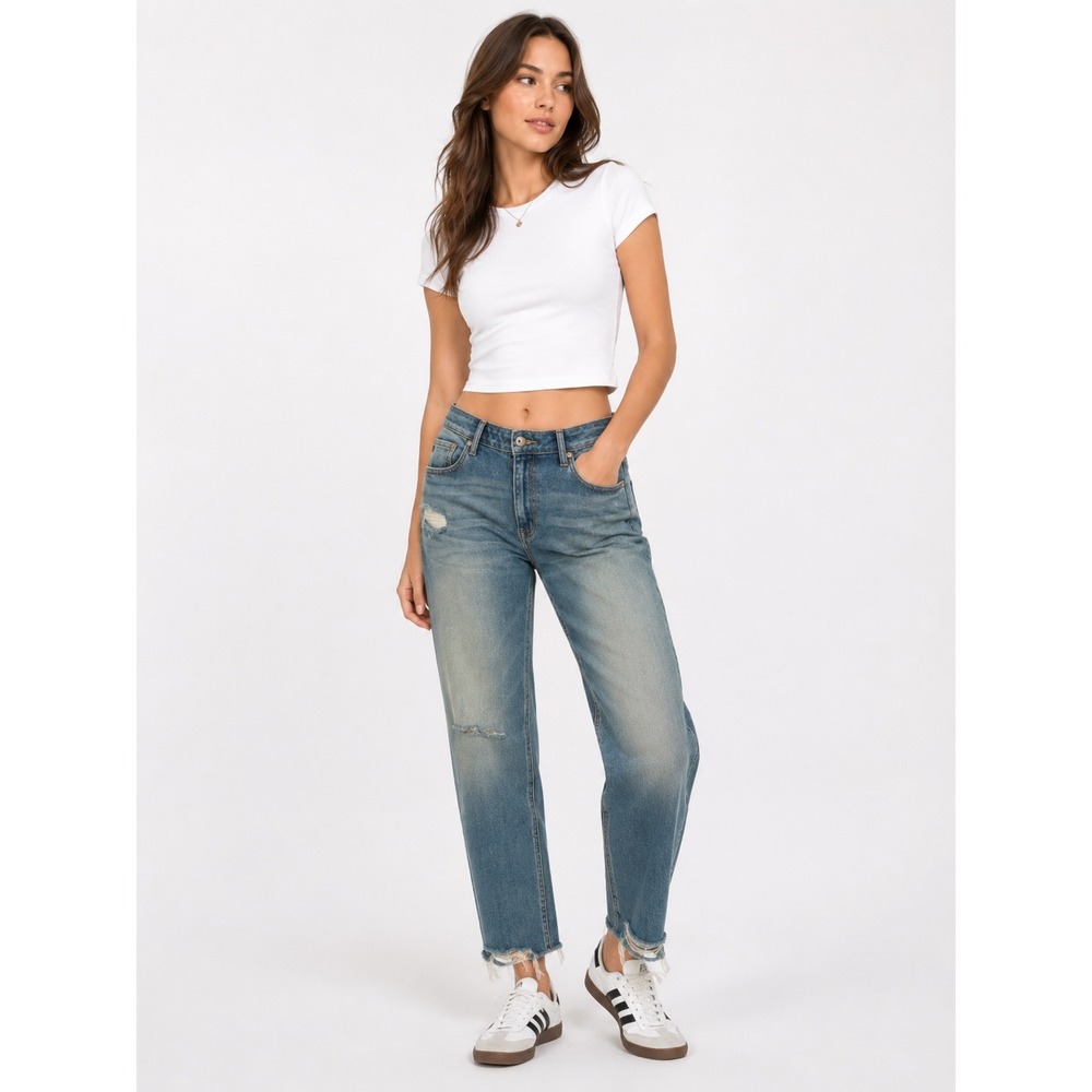 Kancan Straight Leg Jeans Womens 32 Blue Distressed Raw Hem Denim Streetwear